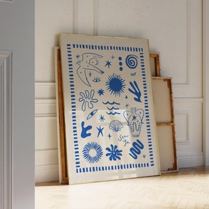 Impresión de arte de pared mediterráneo de Grecia, impresión de arte de pared de moda azul con garabatos, póster azul y blanco, impresión de verano griega, boceto abstracto azul
