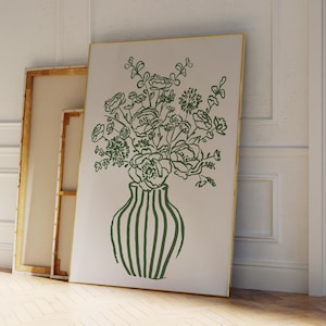 Póster de jarrón de moda con estampado floral verde, estampado de jarrón de rayas retro, flores dibujadas a mano, póster de ramo de decoración minimalista para sala de estar