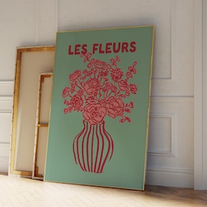 Decoración floral maximalista con estampado floral verde y rosa, póster de flores de moda Les Fleurs Wall Art, póster de jarrón dibujado a mano, póster de ramo moderno