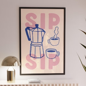 Pink Moka Pot Print Coffee Printable Art, Sip Sip Coffee Lover Poster, Cute Kitchen Wall Art Pink & Blue Aesthetic Room Decor Fun Wall Art