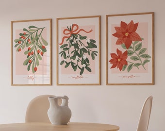 Modern Pink Christmas Prints Set of 3, Cute Christmas Wall Art Mistletoe Print Botanical Flower Posters, Holiday Decor Aesthetic Room Decor