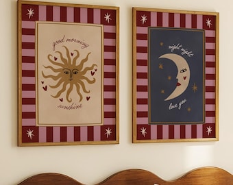 Conjunto de 2 estampas vintage de sol e lua: arte acima da cama para quarto, arte de parede bordô, arte de parede bacana para berçário, arte moderna para quarto de criança