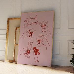 Kerstcocktails print roze kerstposter, cheers print voor barwagen decor, Eat Drink & Be Merry poster trendy vakantiedrankje print