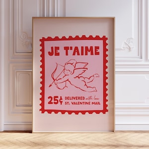 Je t'aime Valentinstag Druck Amor Kunstdruck, Valentine Stamp druckbare Wandkunst Retro Wandkunst Niedliche Wandkunst, rosa und rote adrette Wandkunst