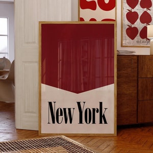 Red Retro Poster New York City Print, trendige rote Wandkunst New York City Print, Retro 70er Jahre Poster, burgundy NYC Prints Studentenwohnheim Poster