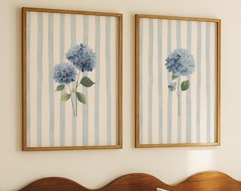 Blue Hydrangea Wall Art: Set of 2 Blue & White Prints, French Country Art, Floral Posters (Printable Wall Art)