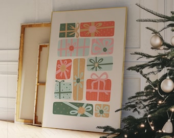 Puede incluir: Una impresión enmarcada con un collage de cajas de regalo coloridas con lazos y cintas. Las cajas están dispuestas en una cuadrícula y tienen una estética vintage.