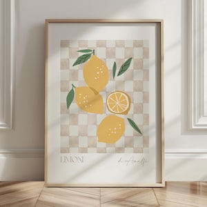 Lemon Printable Art Kitchen Wall Art, Lemon Poster Fruit Market Print, Checker Kitchen Decor Watercolor Fruit Print, Neutral Kitchen Decor