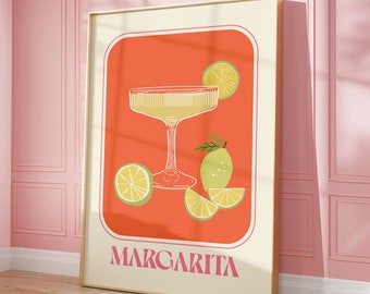 Margarita Stampa Cocktail Arte Stampabile, Cocktail Bar Carrello Arte Murale Arte Murale Retro, Rosso e Rosa Cucina Arte Murale Poster Alcol