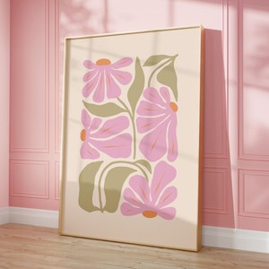 Art imprimable floral rose pastel et vert, affiche de fleurs d'art mural rétro rose pastel et sauge, décoration de chambre esthétique art floral coloré