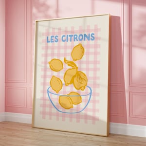 Décoration de cuisine mignonne avec imprimé citron Cottagecore, affiche de citrons roses et jaunes déco citron coquette, impression d'art vichy rose vintage art mural de fruits