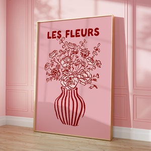 Decoración botánica llamativa con estampado de flores rosas y rojas, póster floral rosa de moda Les Fleurs Wall Art, póster de jarrón dibujado a mano, póster de ramo moderno
