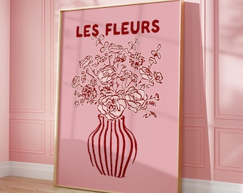Rosa-roter Blumen-Druck mutiges botanisches Dekor, trendige rosa Blumenplakat-Wand-Kunst Les Fleurs, handgezeichnetes Vasen-Plakat-modernes Blumenstrauß-Plakat