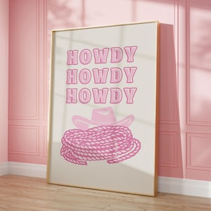 Pink Howdy Poster Western Wall Art, Howdy Poster Retro Cowgirl Printable Art for Teen Bedroom Wild West Print Pink Cowgirl Hat Art