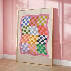Rainbow Checkered Printable Art Trendy Wall Art Pastel Room Decor, Pink & Green Aesthetic Poster 70s Poster Hippy Art Retro Poster