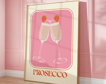 Prosecco Poster Prosecco Printable Art, Bar Cart Decor Wine Wall Art, Champagne Wall Art Pink & Red Trendy Wall Art Alcohol Poster