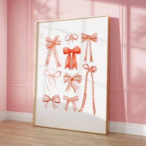 Ribbon Bow Print Coquette Poster, Pink and Red Trendy Printable Art Coquette Room Decor, Soft Girl Decor Cute Feminine Poster Girly Wall Art