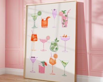 Aesthetic Cocktail Poster Cute Prints, Bar Cart Printable Art Girly Drink Print, Trendy Wall Art Wine Prints for Cute Kitchen Decor