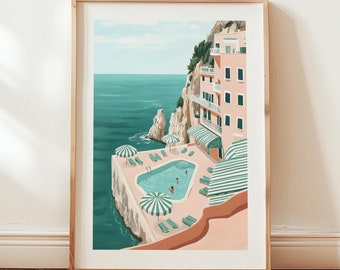 May include: A digital illustration of a pink building with a swimming pool on a cliff overlooking the ocean. The pool is surrounded by green and white striped umbrellas and lounge chairs. The building has a balcony with white railings and a view of the ocean.