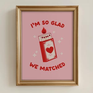 So Glad We Matched Print, Retro Matchbox Print Tinder Match Wall Art, Trendy Valentines Wall Decor Romantic Poster, Cute Pink & Red Print