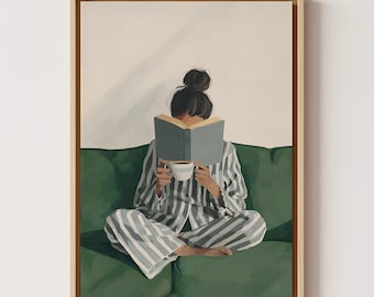 Quadro em tela com moldura para decoração de parede com tema literário: Mulher lendo, pôster em tela para quarto, decoração verde para amantes de livros.
