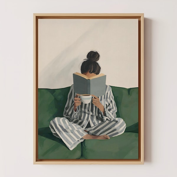 Leesgrage muurkunst ingelijst canvas: vrouw lezend print, canvas muurkunst voor slaapkamer, decor groen boekliefhebber