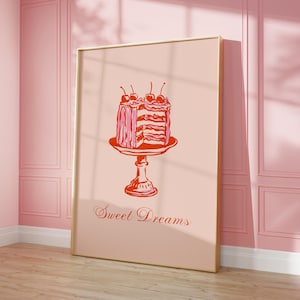 Decoración de habitación con estampado de pastel y coqueta, póster de arte imprimible con dulces sueños, póster de coqueta rosa, póster de cocina lindo con estampado de pastel de cumpleaños en rosa y rojo