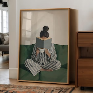 Smaragdgrüne Frau beim Lesen Wandkunst: Buch Wandkunst, ästhetische Lesung Kunstdruck, Bücherwurm für Wohnzimmer