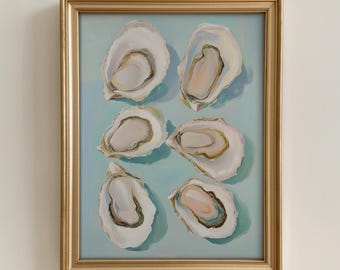 Pintura de concha de ostra azul pastel con estampado de ostras, decoración de cocina moderna, decoración costera de verano, arte de pared de ensueño con estampado de conchas marinas en azul suave.