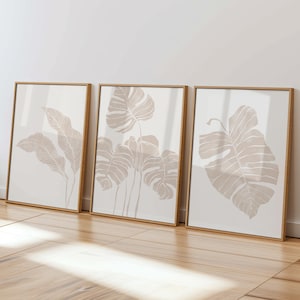 Beige Botanical Print Set of 3 Neutral Wall Prints, Large Nature Wall Art Beige Leaves Print, Beige & White Wall Art Minimalist Room Decor