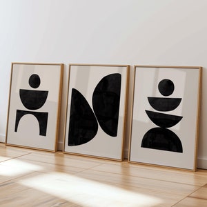 Black Mid Century Printable Wall Art Beige & Black Japandi Wall Art, Minimalist Abstract Art Set of 3, Geometric Posters for Living Room