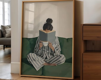 Arte de parede para amantes de livros: Impressão de mulher lendo, estampa verde vibrante para quarto.