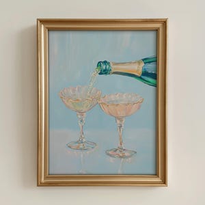 Seashell Wine Glass Print Champagne Wall Art, Trendy Kitchen Decor Pastel Pink & Blue Wine Painting, Girly Wall Art Dreamy Bar Cart Print