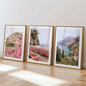 Amalfi Coast Print Set of 3 Positano Prints, Pink Positano Wall Art Italy Wall Art Mediterranean Poster Italian Beach Printable Art