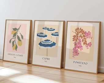 Amalfi Coast Prints Positano Print Italy Wall Art Set of 3, Amalfi Coast Poster Vintage Travel Printable Art Pastel Living Room Decor