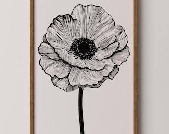 Black & White Wall Art: Woodblock Floral Poster, Abstract Floral Art, Black Flower Poster (Physical Print)