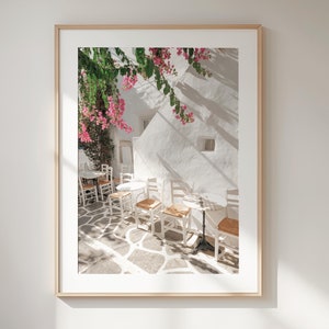 Impresión del pueblo de Paros, arte mural griego, impresión griega rosa y blanca, arte imprimible de Naoussa, arte mural mediterráneo, impresión fotográfica de la isla griega