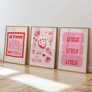 Valentine&#39;s Day Set of 3 Prints Pink Romantic Decor, Pink & Red Wall Art Trendy Retro Print, Preppy Cute Wall Art Girly Y2k Decor