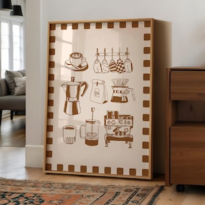 Brown Coffee Poster Coffee Printable Art, Retro Kitchen Wall Art Brown Coffee Poster, Moka Pot Print Aesthetic Fun Wall Art