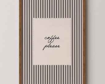 Impressão "Café, por favor": Arte de parede com tema de café, pôster de latte e expresso, arte minimalista para cozinha, estampas listradas em preto e branco (download digital)