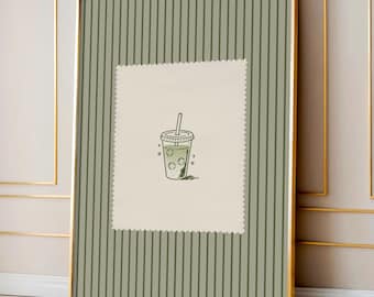 Cute Matcha Wall Art: Green Kitchen Decor, Matcha Lover Gift, Trendy Kitchen Wall Art, Striped Drinks Print (Physical Print)