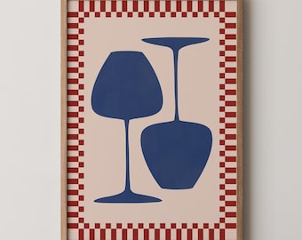 Impressão retrô de vinho: Arte de parede moderna para cozinha, estampa de taça de vinho azul e tinto, estampa de carrinho de bar xadrez (impressão física)