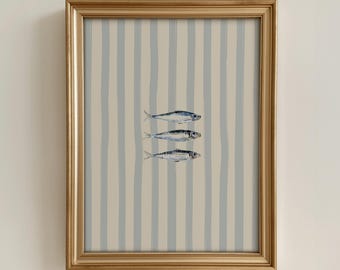 Striped Sardine Print Fish Art Print, Blue & White Kitchen Wall Art Mediterranean Printable Art, Sardines Wall Art Vintage Seafood Poster