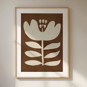 Brown Flower Print Oversized Wall Art, Retro Floral Poster Abstract Flower Painting, Scandinavian Printable Art Brown Mid Century Decor