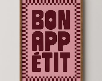Impressão Bon Appetit: Arte de parede para cozinha em tons de vinho e rosa, decoração moderna para sala de jantar (impressão física)