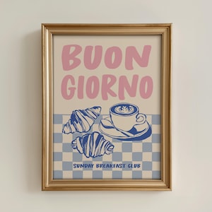 Breakfast Club Printable Art Kitchen Poster, Breakfast Wall Art Coffee and Croissant Print, Blue & Pink Trendy Wall Art Blue Kitchen Decor