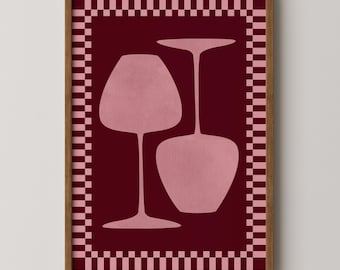 Arte de parede com tema de vinho: Impressões retrô para cozinha, impressão de taça de vinho rosa e tinto, impressão de carrinho de bar (impressão física)