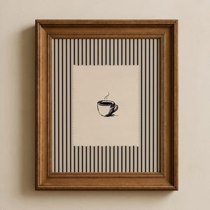 May include: A framed art print with a coffee cup illustration. The image shows a black and white drawing of a steaming coffee cup on a cream background with a scalloped edge. The frame is brown wood, with black vertical stripes.