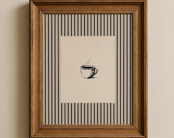 Impressão de xícara de café: Arte de parede com tema de café, pôster neutro para cozinha, decoração de cozinha listrada em preto e branco (impressão física)