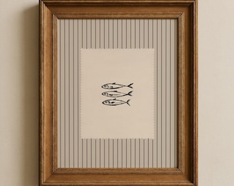 Impressão vintage de sardinha: Arte de parede com tema de peixe, decoração de cozinha em preto e branco, arte minimalista para sala de jantar, pôster de frutos do mar (impressão física)